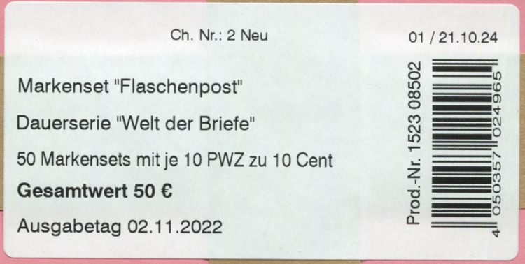 FB 138 I Label mit DMC Code, Prod. Nr. 1523 08502  Druck  Bundesdruckerei